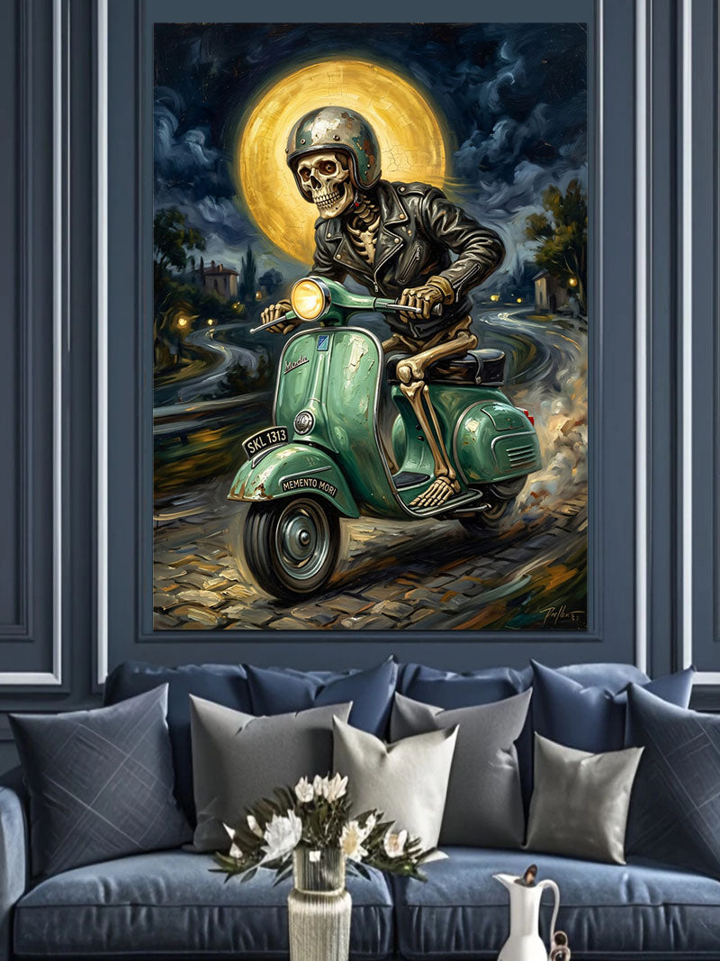 Scooter Süren Kasklı Kurukafa Sürücü Kanvas Tablo