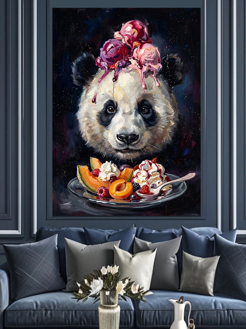Meyveli Dondurma Yiyen Sevimli Panda Kanvas Tablo
