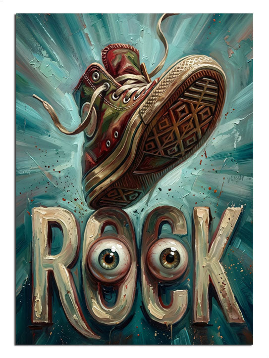 Üzerinde "ROCK" yazan gitar şeklinde tasarım ayakkabı.