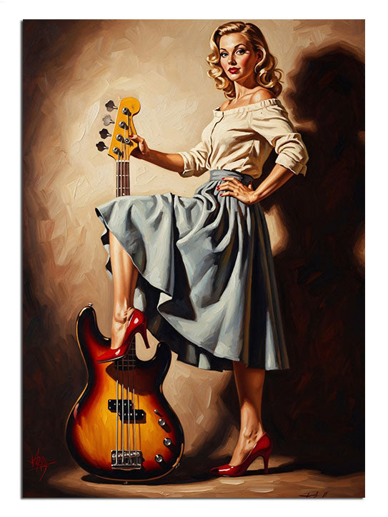 Retro tarzda, elinde gitarla poz veren şık kadın.