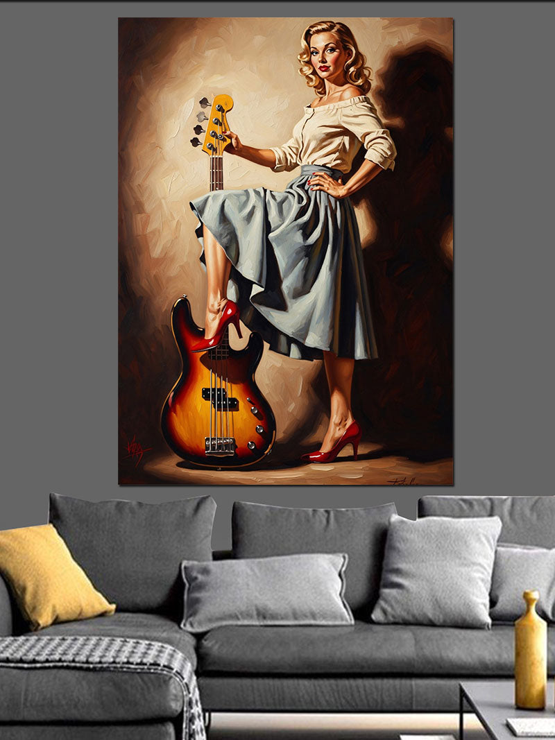Gitar Tutan Şık Pin-Up Kadın Kanvas Tablo