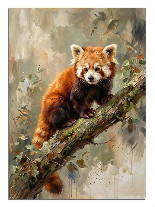 Orman içinde daldan sarkan sevimli kızıl panda.