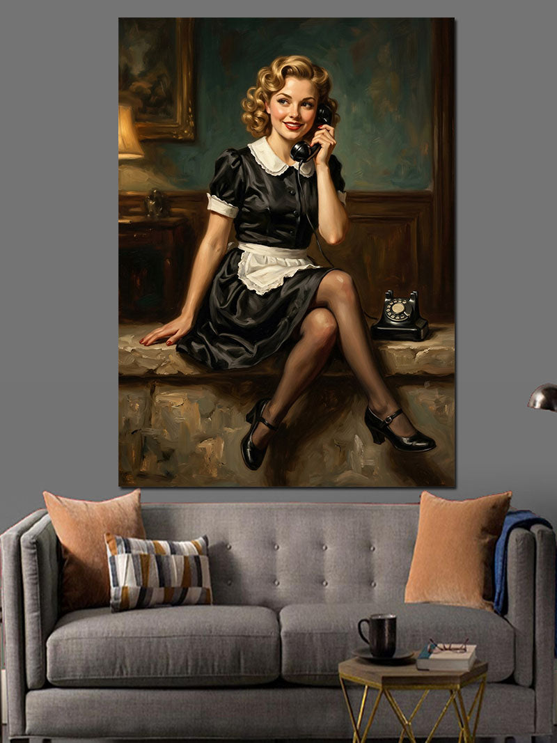 Garson Kıyafetli Şık Retro Kadın Kanvas Tablo
