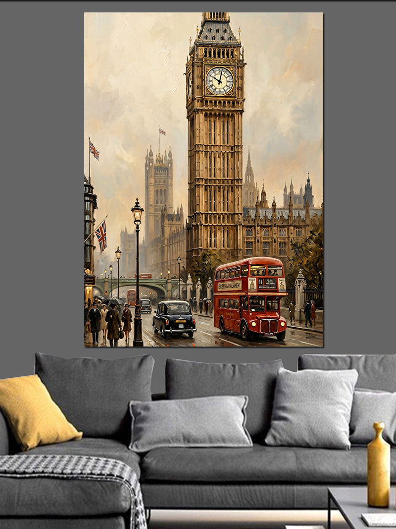 Londra Big Ben Ve Kırmızı Otobüs Kanvas Tablo