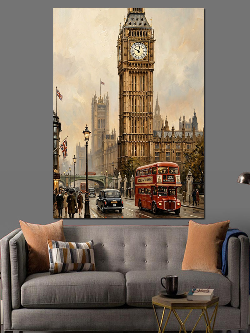 Londra Big Ben Ve Kırmızı Otobüs Kanvas Tablo