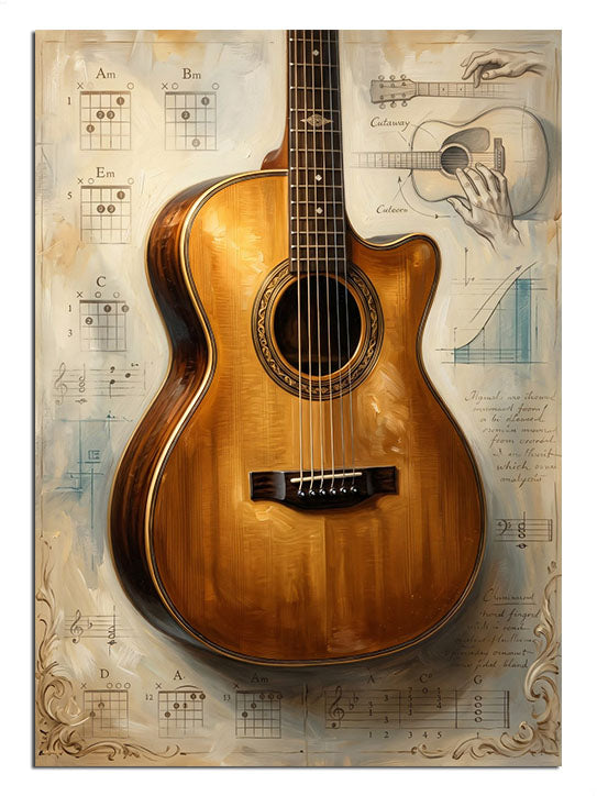 Teknik detayları olan nostaljik ahşap gitar görseli.