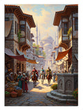 Tarihi binalar ve insanların olduğu eski İstanbul manzarası.