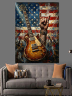 Amerikan Bayrağı Ve Rock Gitar Kanvas Tablo