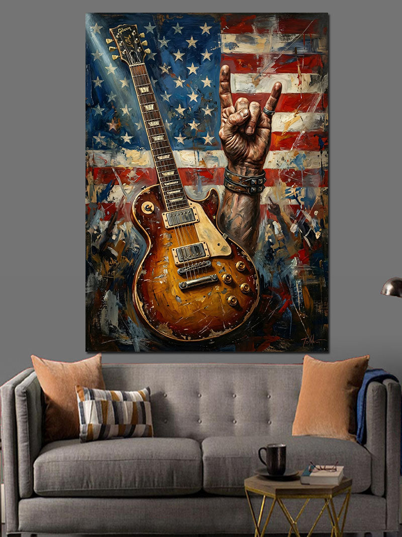 Amerikan Bayrağı Ve Rock Gitar Kanvas Tablo