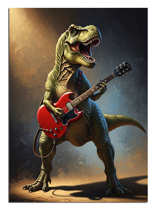 Sahne ışıkları altında elektro gitar çalan dinozor.