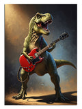Sahne ışıkları altında elektro gitar çalan dinozor.