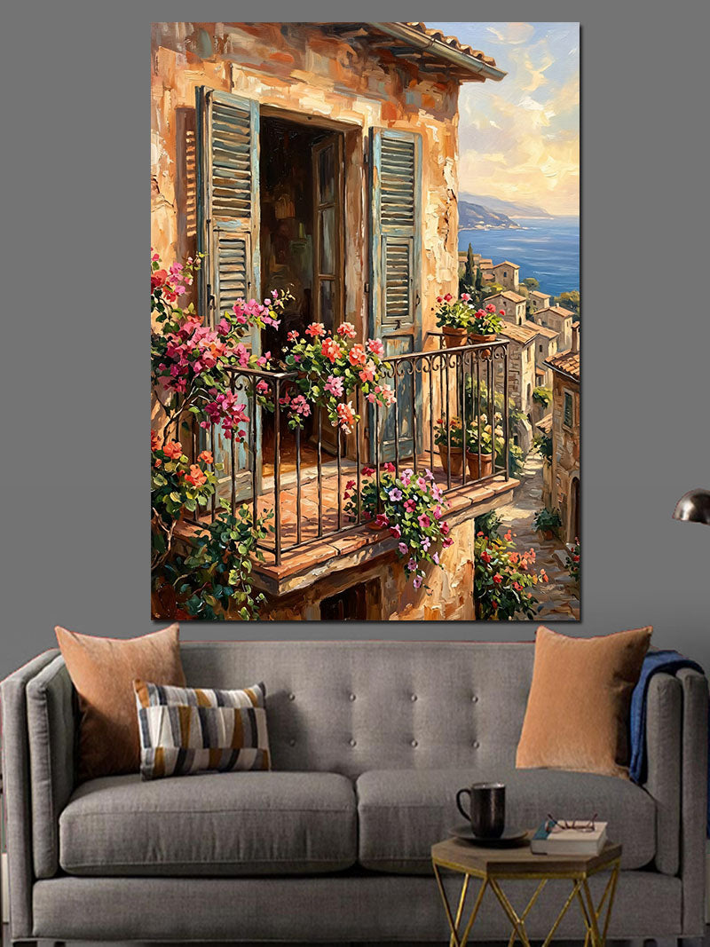 Çiçekli Balkon Ve Deniz Manzarası Kanvas Tablo