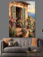 Çiçekli Balkon Ve Deniz Manzarası Kanvas Tablo