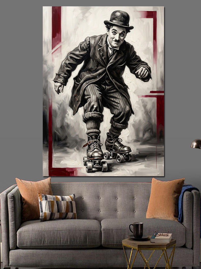 Paten Kayarken Düşen Charlie Chaplin Kanvas Tablo
