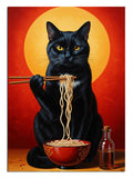 Kırmızı arka planda chopstick ile noodle yiyen kedi.