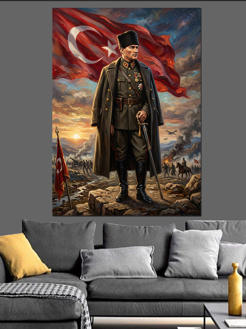 Türk Bayrağı Önünde Mareşal Atatürk Kanvas Tablo