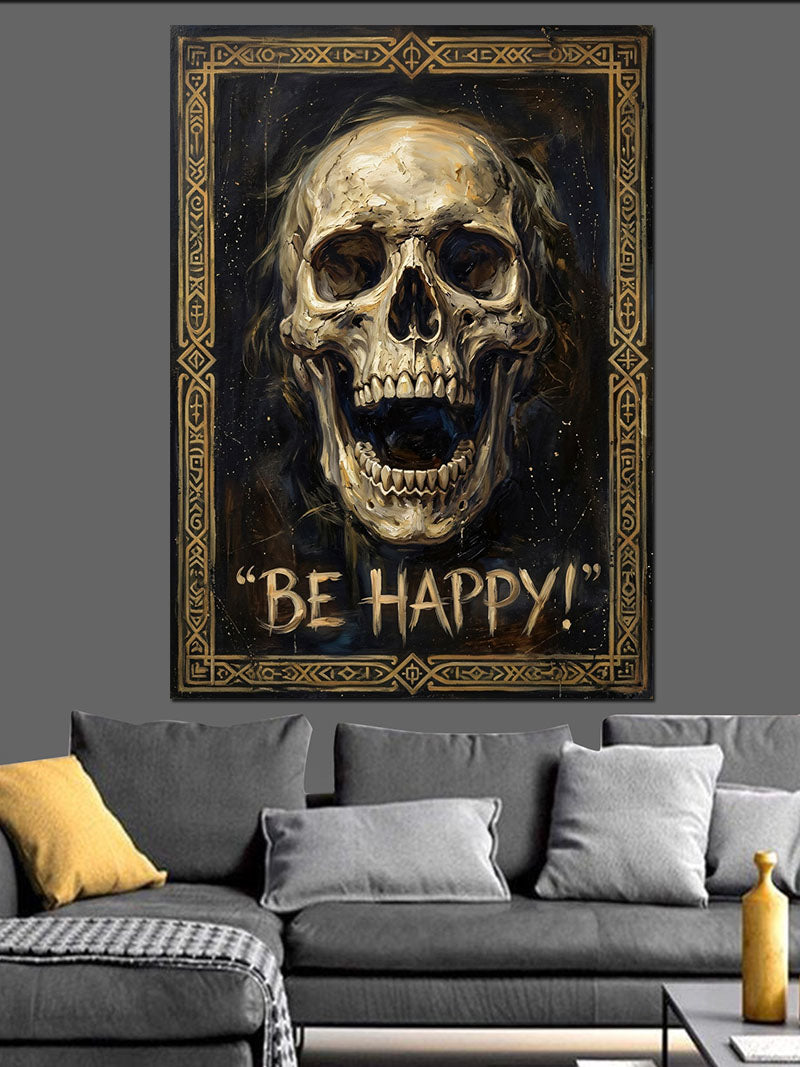 Be Happy Yazılı Gülen Kurukafa Kanvas Tablo