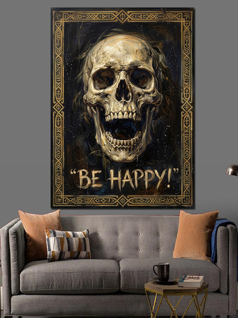 Be Happy Yazılı Gülen Kurukafa Kanvas Tablo