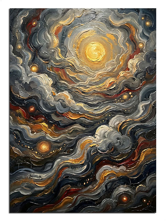 Van Gogh tarzı fırça darbeleriyle parlayan yıldızlı gece soyutlaması.