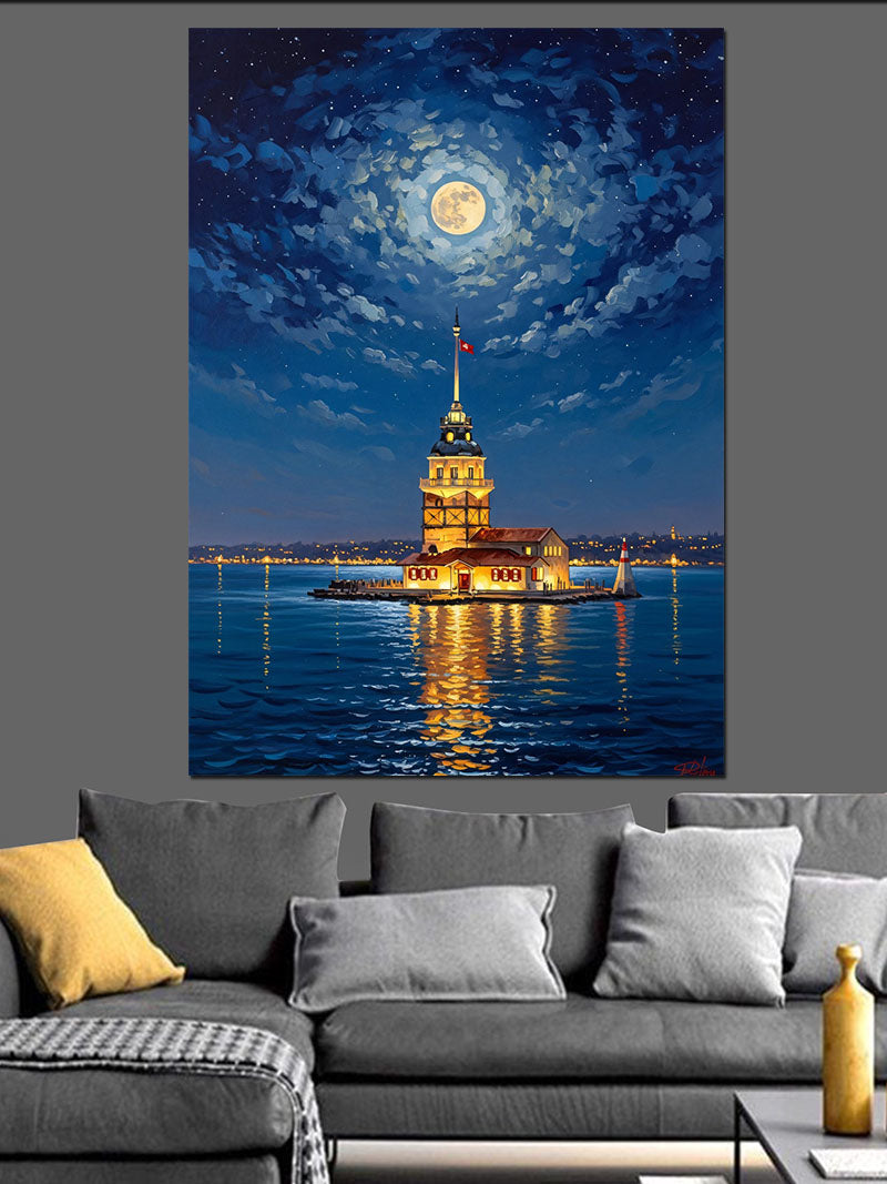 Gece Işıkları Altında Kız Kulesi Kanvas Tablo