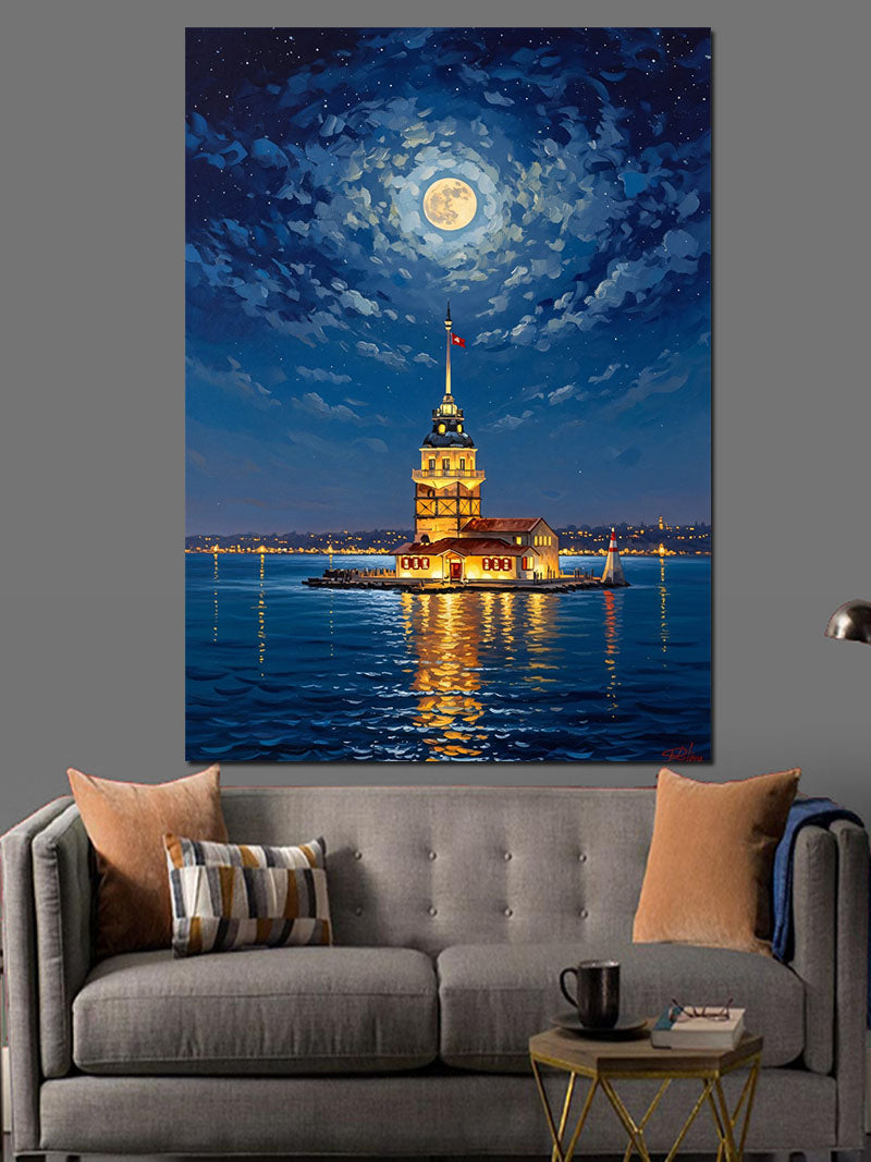 Gece Işıkları Altında Kız Kulesi Kanvas Tablo