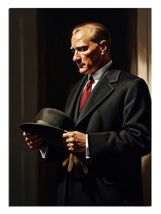 Elinde şapkasıyla şık ve karizmatik duran Atatürk.
