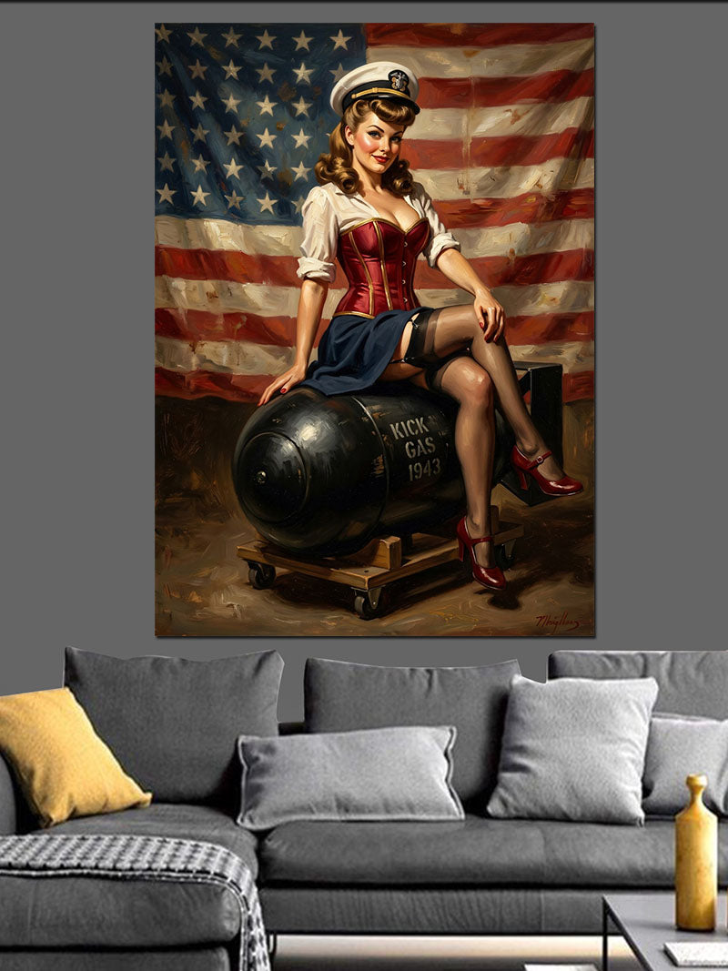 Bomba Üzerinde Oturan Pin-Up Kadın Kanvas Tablo