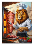 Tezgah başında döner kesen karizmatik aslan figürü.
