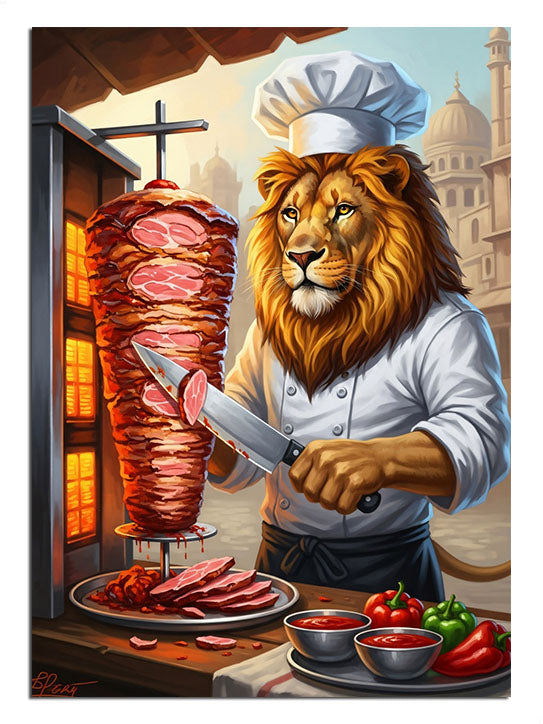 Tezgah başında döner kesen karizmatik aslan figürü.