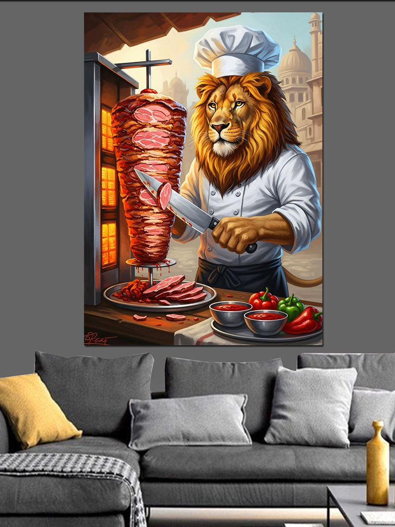 Döner Hazırlayan Neşeli Aslan Şef Kanvas Tablo