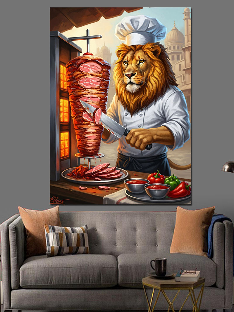 Döner Hazırlayan Neşeli Aslan Şef Kanvas Tablo