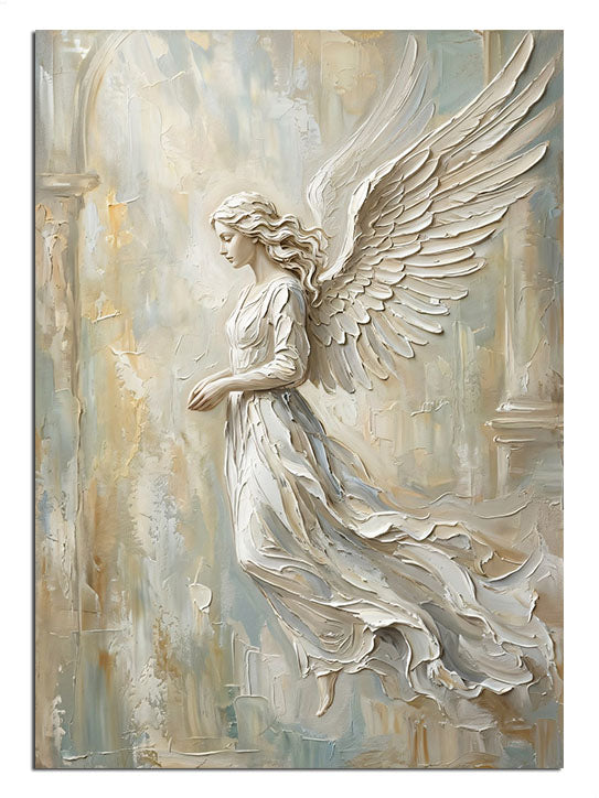 Taş dokulu, beyazlar içinde süzülen melek figürü.