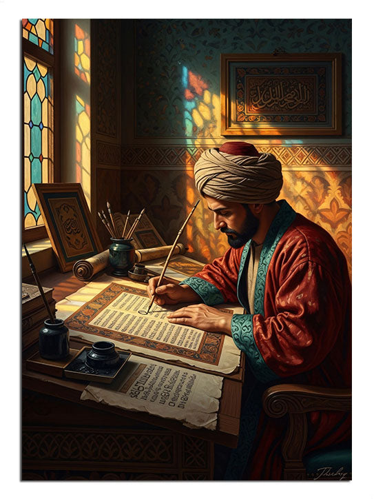 Tarihi bir odada ferman yazan sarıklı Osmanlı alimi.