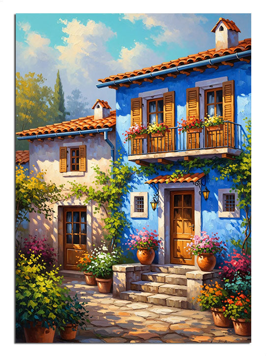 Mavi kapılı ve begonvilli geleneksel Akdeniz evi dış cephe görseli.