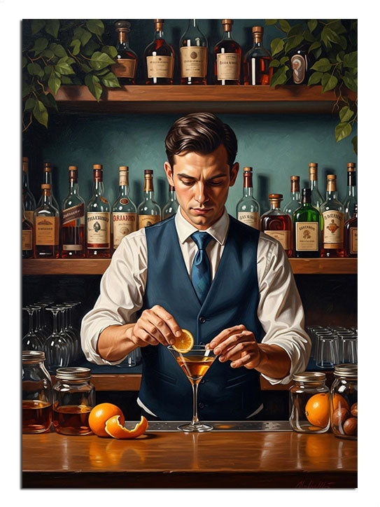 Bar başında içki hazırlayan, klasik kıyafetli profesyonel barmen.