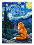 Yıldızlı gökyüzü manzarasına bakan, Van Gogh tarzı turuncu tilki.