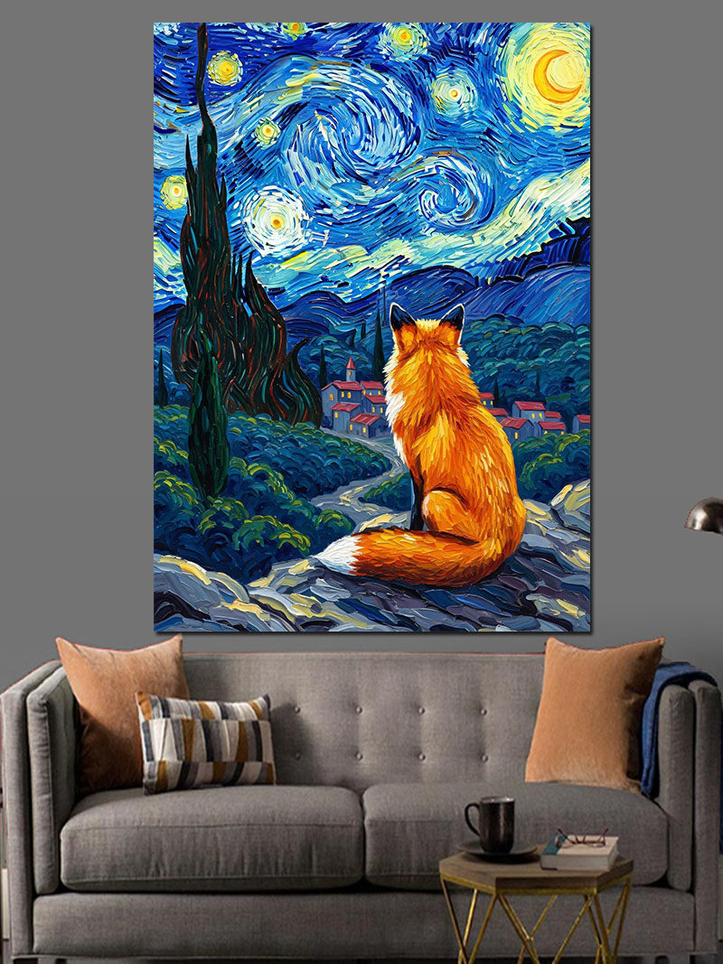 Van Gogh Tarzı Yıldızlı Gece Tilki Kanvas Tablo