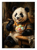 İnsan gibi giyinmiş, kaseden meyve yiyen sevimli panda.