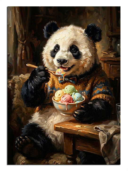 İnsan gibi giyinmiş, kaseden meyve yiyen sevimli panda.