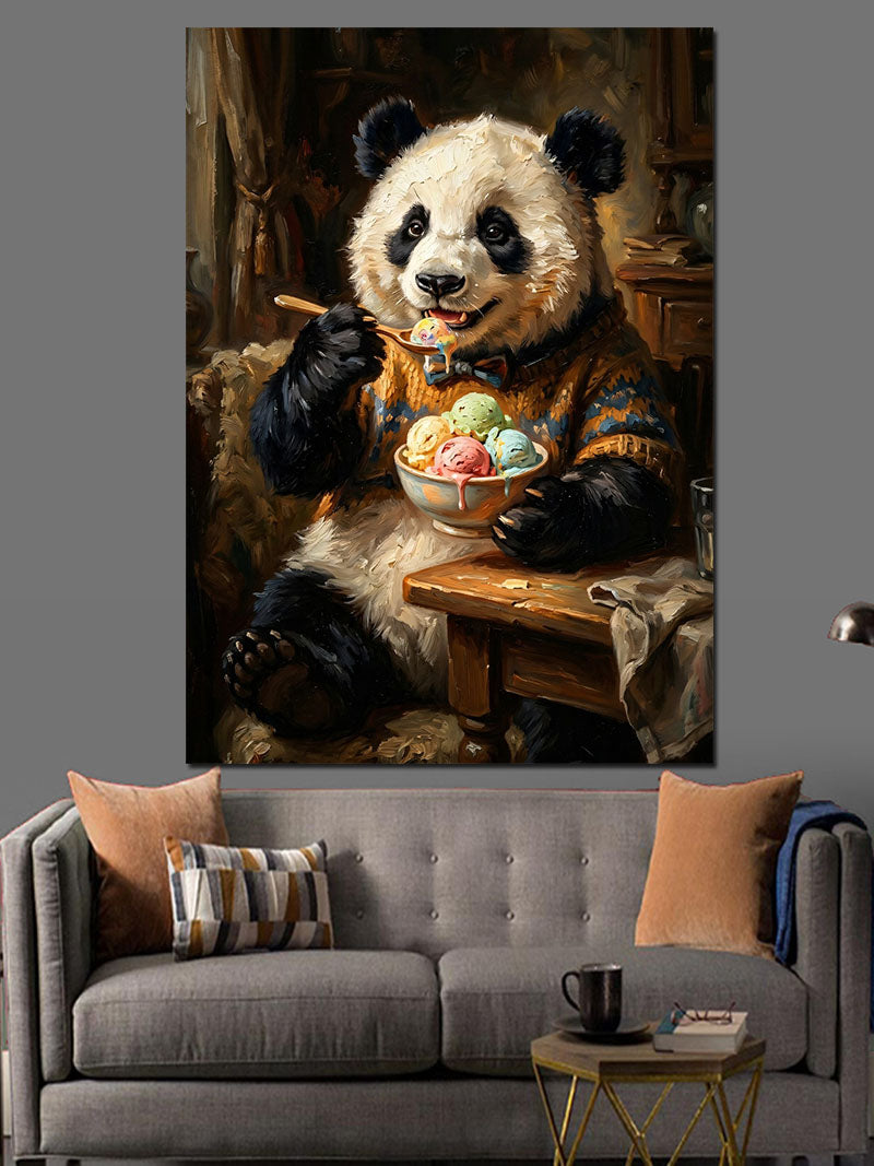 Kıyafetli Ve Meyve Yiyen Panda Kanvas Tablo