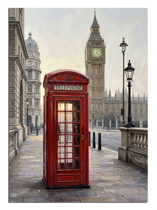 Yağmurlu Londra sokaklarında ikonik kırmızı telefon kulübesi.