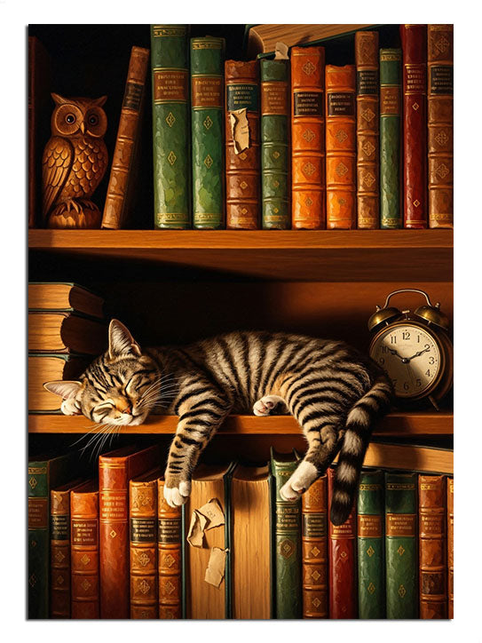 Kitap rafları arasında kıvrılmış huzurla uyuyan kedi.