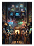 Nostaljik arcade makineleri arasında oyun oynayan genç figürü.