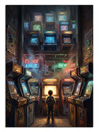 Nostaljik arcade makineleri arasında oyun oynayan genç figürü.