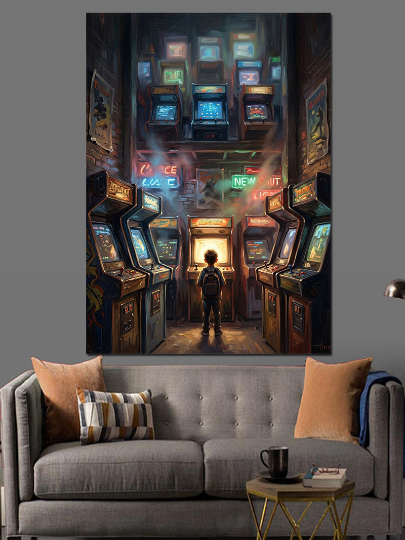 Arcade Salonunda Oynayan Çocuk Kanvas Tablo