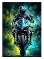 Gece neon ışıkları altında hızla giden spor motosiklet.