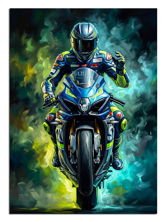 Gece neon ışıkları altında hızla giden spor motosiklet.