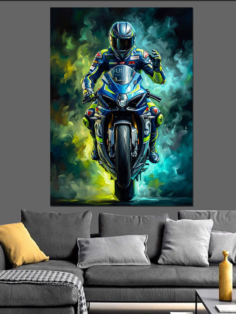 Neon Işıklı Şehirde Motosikletli Sürücü Kanvas Tablo