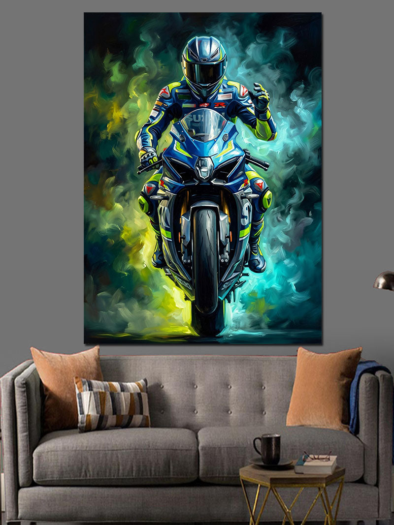 Neon Işıklı Şehirde Motosikletli Sürücü Kanvas Tablo