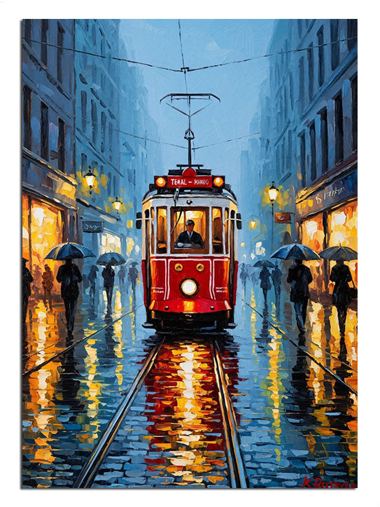 Islak zeminde yansıyan nostaljik kırmızı tramvay görseli.
